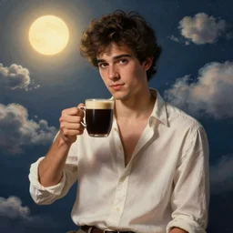 portrait of a ( ( ( una taza de cafe grande y negra ) ) ), ( ( guapo joven caliente espanol caliente con camisa abierta ) ), nubes y magia, el sol, concept character, by greg rutowski and tezuka and oi and mucha and bierstadt and remington, trending on artstation