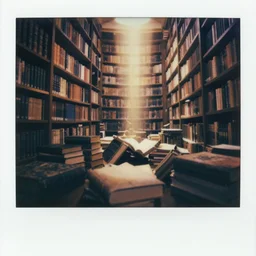 old polaroid, magic ancient library, lots of books, radiant light, 8 k, award winning, detailed, dramatic mood, pictorialism