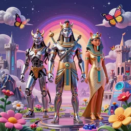 3 d render of cyborg demon hindu god and egyptian goddess standing in cybernetic mountain landscape with castle ruins against a psychedelic surreal background with 3 d butterflies and 3 d flowers n the style of 1 9 9 0's cg graphics against the cloudy night sky, lsd dream emulator psx, 3 d rendered y 2 k aesthetic by ichiro tanida, 3 do magazine, wide shot