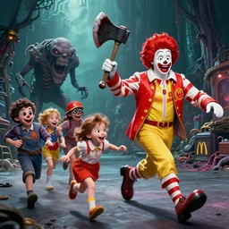 dystopian lovecraftian mcdonalds! 2 0 2 0 tv commercial starring ronald mcdonald with a bloody axe! chasing a smiling happy family in the style of h. r. giger