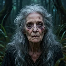 fantasy portrait of an emaciated yet energetic old woman with silky, cloudy grey hair, black scars on her face, swamp vegetation in the background, nocturnal palette, art by greg rutowski, raphael lacoste, eddie mendoza, artgerm, trending on artstation