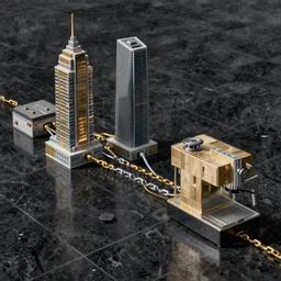 A beautiful hyper realistic detailed painting of a chain of blocks, a cybernetic hybrid of 2 gigantic tall skyscaper sized quantum computers and a block espresso machine on a vast black granite tarmac, connected by gold and silver and brass cables and chains, by Beksinski, beeple, unreal engine