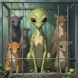 zoo with alien animals in cages, sharp face focus, finely detailed features, full body mid shot, perfect art, trending on pixiv fanbox, painted by gaston bussiere, makoto shinkai, akihiko yoshida, gaston bussiere, craig mullins