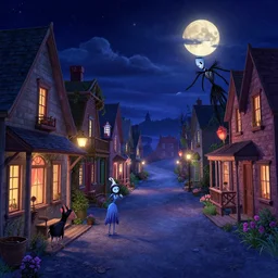 curved perspective digital art of a summer night small town street from tim burtons nightmare before christmas by petros afshar