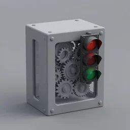 a grey block with a traffic light attached to it, a lot of grey gears visible through glass on the block, unreal engine, 3 d model, grey bg