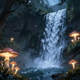 Skyrim concept art, waterfall, glowing mushrooms, midnight, waterfall w-1024