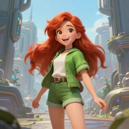 beautiful cute red haired joyful and playful nineteen year old young girl standing up in casual green clothing, long hair, futuristic city, rpg character, sci - fi, fantasy, intricate, elegant, digital painting, artstation, concept art, smooth, 8 k frostbite 3 engine, ultra detailed, art by artgerm and greg rutkowski and magali villeneuve