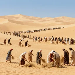 detailed digital painting of a crowd of jews in the desert harvesting manna, orange yellow and blue color scheme, by craig mullins and ross trann