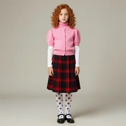portrait photo of a beautiful girl with chin - length curly light auburn hair and brown eyes. she wears a pink turtleneck cardigan with short puffed sleeves and a long - sleeved white shirt underneath. she wears the standard black and red tartan skirt, white tights with a black flower pattern and black mary jane shoes. professional photography