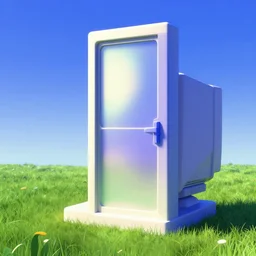 old computer design of a door in a meadow with blue sky. slick, futuristic details and design. colorful soft gradients, translucence. pre - 2 0 0 0 s era. 1 9 9 0's computer art