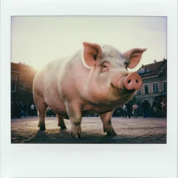 real pig!!! giant oversized anthropomorphic, in legnica, full body, cinematic focus, polaroid photo, vintage, backlighting sunset golden hour, by oleg oprisco, by thomas peschak, by discovery channel, by victor enrich, by gregory crewdson