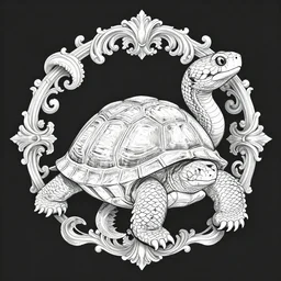 a full - body turtle + a snake head, wisdom, good and evil, scrollwork + rococco + baroque + white ink + magical + detailed intricate + heraldic design + atmosphere + by peter mohrbacher and kentaro miura + high details, in the style of jean delville, artstation, 8 k, tarmo juhola, ivan laliashvili, james gurney, moebius, roger dean, wlop, victo ngai, 4 k, cinematic