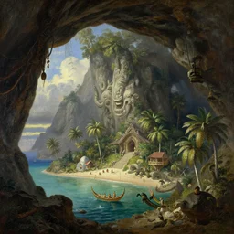 a tropical fantasy treasure island, with a giant cave, artstation, oil painting, painted ruan jia raymond swanland lawrence alma tadema zdzislaw beksinski norman rockwell tom lovell alex malveda greg staples