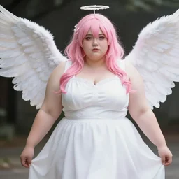 a plus - size woman with pink hair wearing a white dress, a character portrait by ayako rokkaku, cg society contest winner, photorealism, soft light, anime aesthetic, angelic photograph