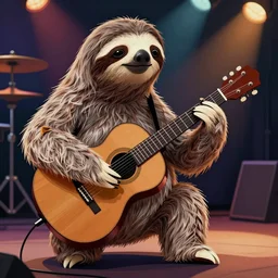 realistic bipedal sloth, long airy fur with human face, playing a guitar, rock stage, in the style of laszlo moholy - nagy, archibald thorburn, stylized, ornately detailed, chromatic aberration