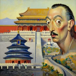 a beautiful painting cyberpunk beijing imperial palace, temple of heaven, great wall, by salvador dali realistic oil painting