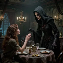 a strange creature greeting a female explorer in a dining room, haunted house, masterpiece, rhads!!!, magical realism, urban fantasy, a hooded figure, a fierce woman, ( h. r. giger )