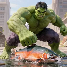 cinematic film still of the hulk punching a salmon, 4 k