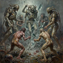 oil paint of flayed gods as blocky machines, cluster battling glass chaos, glass sentient geocracking, fungal pit, trash patina sheen rotting, by alberto bontempi, alex ross, shigeru komatsuzaki, wayne d barlowe, stefano tamburini, narrative light, muted colors, epic, hyper detailed, awe inspiring, award winning horror, narrative lighting