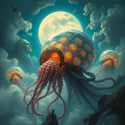 concept art of giant translucent glowing jellyfishes, lovecraftian divers helmet, lots of teeth, melting horror, round moon, rich clouds, fighting the horrors of the unknown, mirrors, very detailed, volumetric light, mist, grim, fine art, decaying, textured oil over canvas, epic fantasy art, very colorful, ornate, anato finnstark