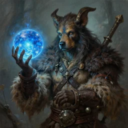 lunatic fantasy barbarian with a canine face holding a glowing blue orb natural lighting, path traced, highly detailed, high quality, digital painting, by don bluth and ross tran and studio ghibli and alphonse mucha, artgerm