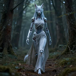 draped werewolf priestess with delicate biomechanical components wandering in the woods. safe for work, complementary colors, professional photography, matte painting, luminescent, 3 d render, 4 k, rimlight.