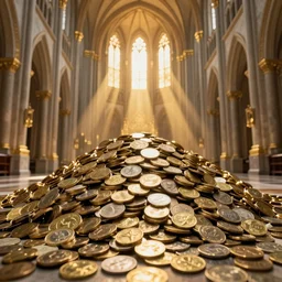 a huge pile of money and coins in a huge cathedral with golden ray traced light by WLOP and tony sart, god rays, fantasy art, 4k, HDR, photorealistic, 8k, trending on artstation