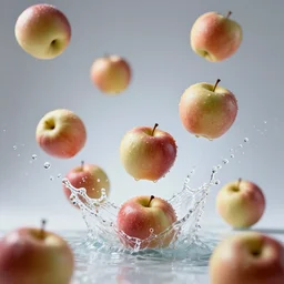 apples falling, water splashing, studio lighting, advertising photo, high speed photography, dof