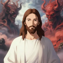 anime style jesus standing between heaven and hell, highly detailed, highly detailed face,