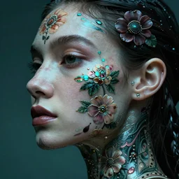 hyperrealistic hyper detailed neo-surreal close-up 35mm side portrait of cyborg covered in rococo flower tattoos matte painting concept art hannah yata very dramatic dark teal lighting low angle hd 8k sharp shallow depth of field