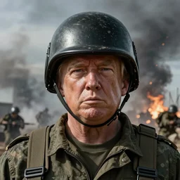 Donald Trump wearing a military helmet, war zone, smoke, battle, realistic artstyle, wide shot, dramatic lighting, octane render, hyperrealistic, high quality, highly detailed, HD, beautiful, cinematic, 8k, unreal engine, facial accuracy, symmetrical