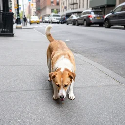 a happy dog doing his droppings in a street of new york city, wide angle