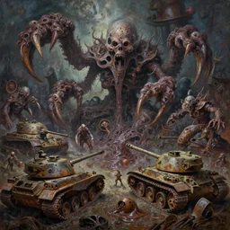 oil painting nightmare army tanks clawed chaos landscape fecund afraid of tank treads hooped around rusting entropy - scape in primoridal slimes in mollusk skins, terror in dark landscape, ornate masterpiece, destroying cinematic lands, horror by gunter von hagens, by jack gaughan