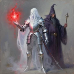 a very elegant oil painting of a ghostly looking knight and a magical wizard, using magic, magic leaking out of them, smooth painting, medieval armor, wizard knight fusion, concept art, spikey armor, the red glows coming from the left, paint smears, digital art, character design, d & d character, heavy shading, by vasnetsov
