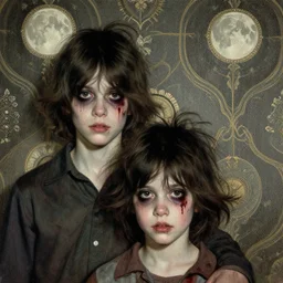 two handsome but creepy siblings in layers of fear, with haunted eyes and wild hair, 1 9 7 0 s, seventies, wallpaper, a little blood, moonlight showing injuries, delicate embellishments, painterly, offset printing technique, by coby whitmore, jules bastien - lepage
