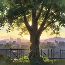 suburbs, sunrise, backlighting, giant ash tree, broken metal fence, polluted city panorama far away, gouache matte painting by pixar studio makoto shinkai