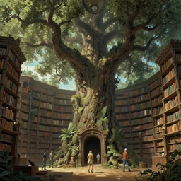 ancien library with giant tree, fantasy, by greg rutkowski and mark simonetti and peter mohrbacher, intricate details, hyper - realistic, 4 k,