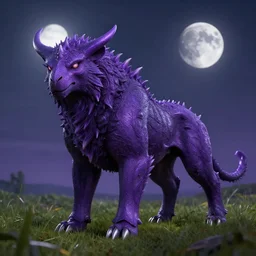 a purple fantasy beast with sharp armour all over its body with light instead of eyes towering over a grass field with a moon