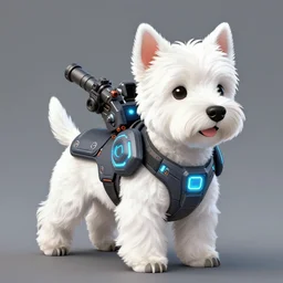a west highland white terrier anime sidekick with futuristic, led - lit armour and a canon mounted on his back