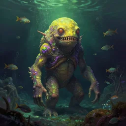 surrealistic monster on alien planet, underwater world, many fish, dim painterly lighting volumetric aquatics, by rhads, by francis bacon, 4 k, detailed, subsurface scattering, green - purple - yellow lighting, trending on pixiv