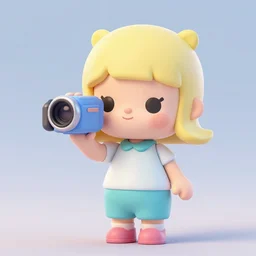 cute, female collectable toy, the female holds a video camera, made in pastel 3 d by jon burgerman and pixar, artstation 4 k, high resolution, simple face