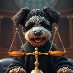 a closeup photorealistic illustration of a smiling knitted bernedoodle judge dog dressed in a black gown, presiding over the courthouse. scales of justice. this 4 k hd image is trending on artstation, featured on behance, well - rendered, extra crisp, features intricate detail, epic composition and the style of unreal engine.