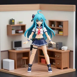 a figma figure of vtuber gawr gura in a playset diaorama.
