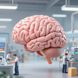 a big brain overseeing workers in a factory