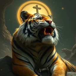 tiger, religious art, by farel dalymple, frank frazetta, 2. 5 - dimension, hyperrealistic, trending on cgsociety