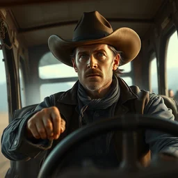 hyperrealist portrait of a cowboy driving a stage coach by jeremy mann and james bama, fantasy art, photo realistic, dynamic lighting, artstation, poster, volumetric lighting, very detailed faces, 4 k, award winning