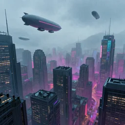 looking down at the cyberpunk city, airships shuttle in the air, colorful colors, fog, rainy days, neon lights, marc simonetti on artstation.