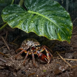 A terrestrial Coenobita clypeatus sleeping underneath a large tropical leaf, rainy, painting by Simon Stålenhag,