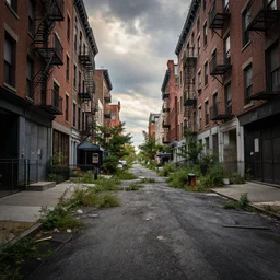 landscape photography by marc adamus, derelict new york street, overgrown, dramatic lighting, beautiful, hyper detailed, uhd,