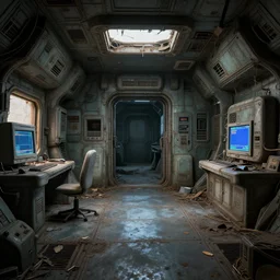 Interior of a abandoned and derelict spaceship from a random 90s computer game, trending on artstation, realistic lighting, realistic reflections , highly detailed , 4K , 3D rendered with some Isekai thrown into the mix
